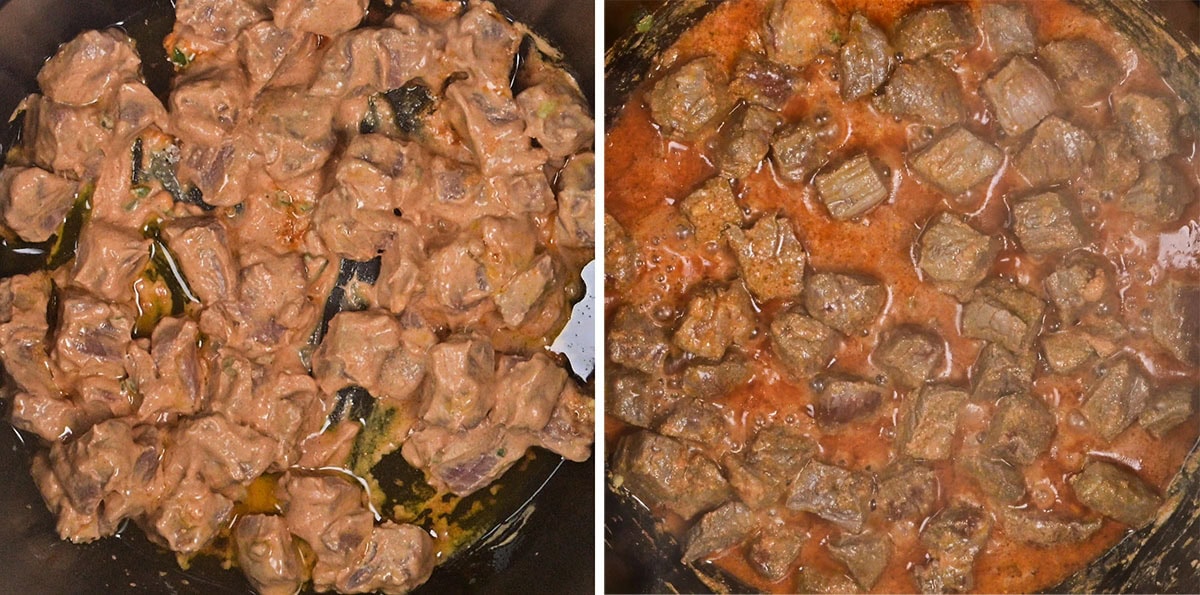 Side-by-side images of beef chunks cooking in a pot: the left side shows raw, marinated beef pieces, while the right side shows the beef simmering in a rich, red sauce.
