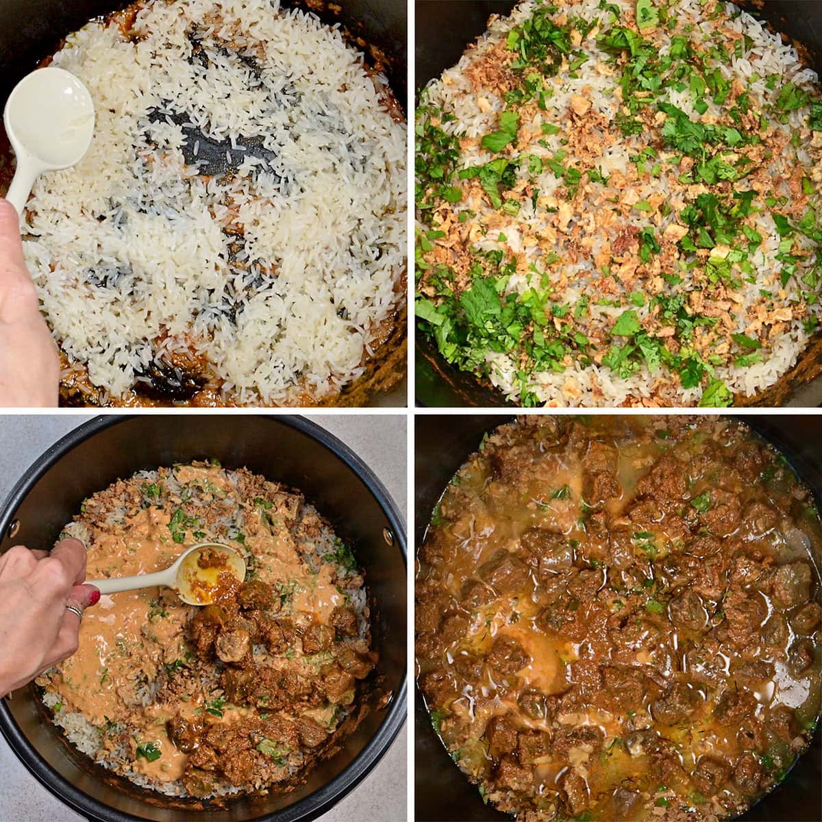 Four images show steps of making biryani in the crockpot: spooning rice from a pot with browned bottom, adding herbs and fried onions, spreading sauce and meat over rice, and meat cooking in sauce with rice and herbs.