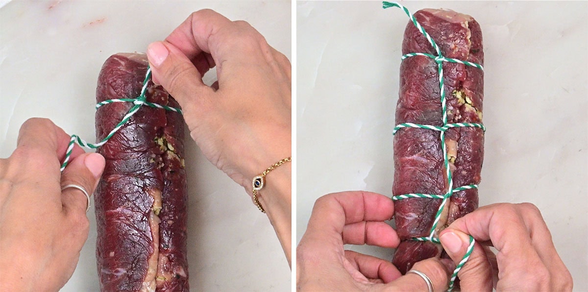 Two side-by-side images showing hands tying butcher’s string around a beef roulades (involtini), securing it for cooking. The left shows the first knot, and the right shows the roast fully wrapped with several ties.