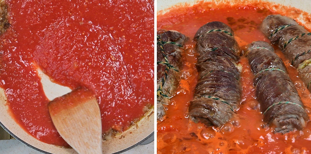A split image: on the left, tomato sauce being stirred in a pan with a wooden spoon; on the right, beef rolls simmering in tomato sauce.