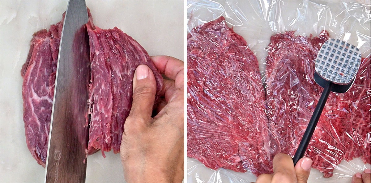 Side-by-side images: On the left, a hand slices raw beef with a knife. On the right, two pieces of beef are covered with plastic wrap, and a hand uses a meat mallet to tenderize them.