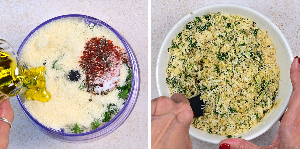 Side-by-side images show: left, grated cheese, herbs, spices, and olive oil being added to a food processor; right, hands mixing the combined breadcrumb mixture with a spatula in a white bowl.