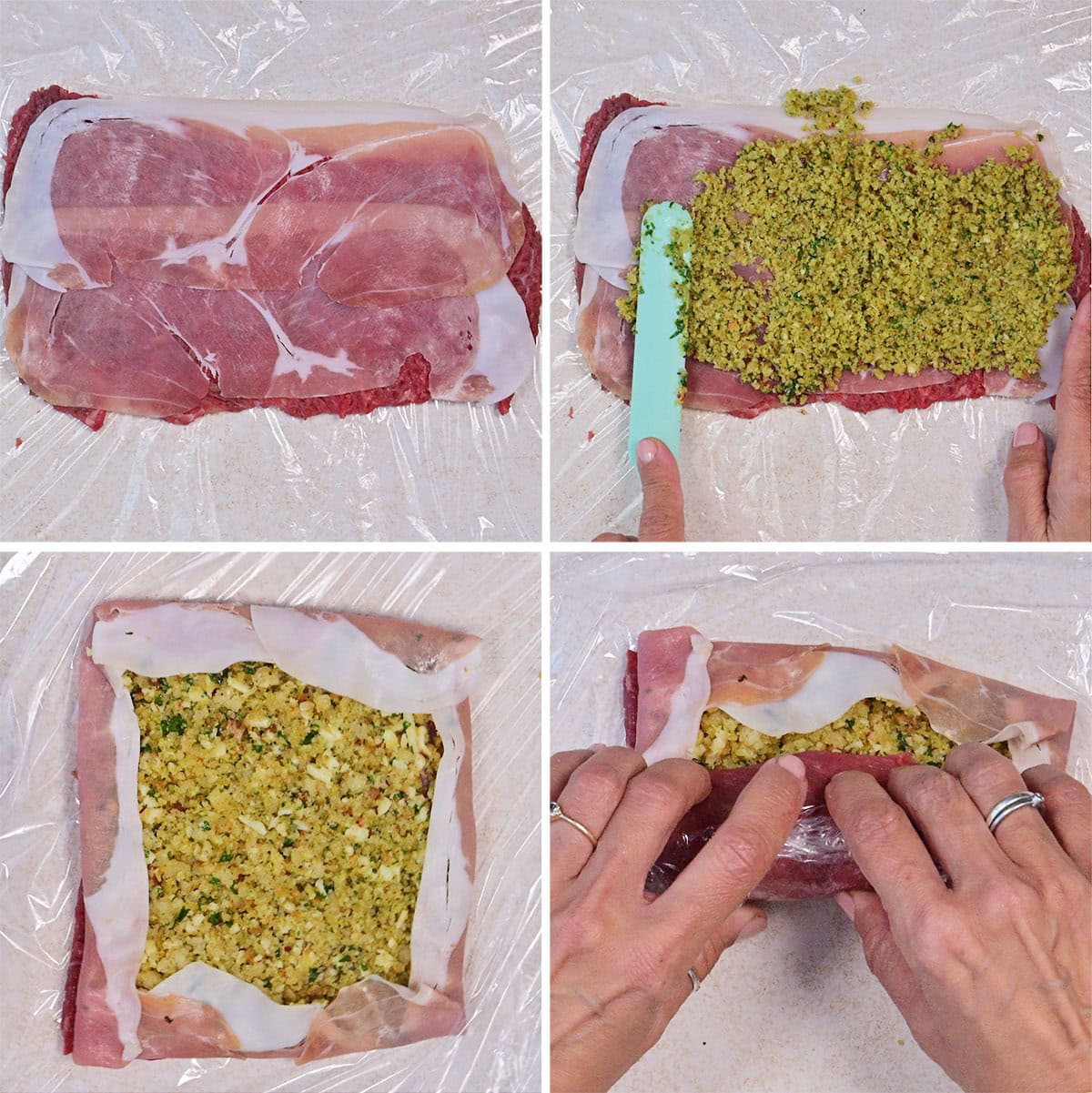 Four-step collage showing the process of spreading and wrapping a mixture onto meat covered with slices of prosciutto, then folding the edges over to encase the filling, all done on a sheet of plastic wrap.