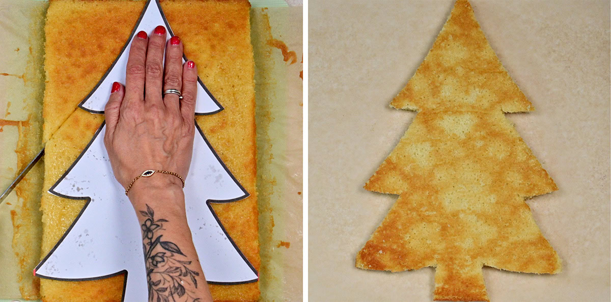 A hand with red nails holds a paper Christmas tree template on a rectangular cake, preparing to cut it into a tree shape; on the right, the tree-shaped cake is shown on parchment paper.