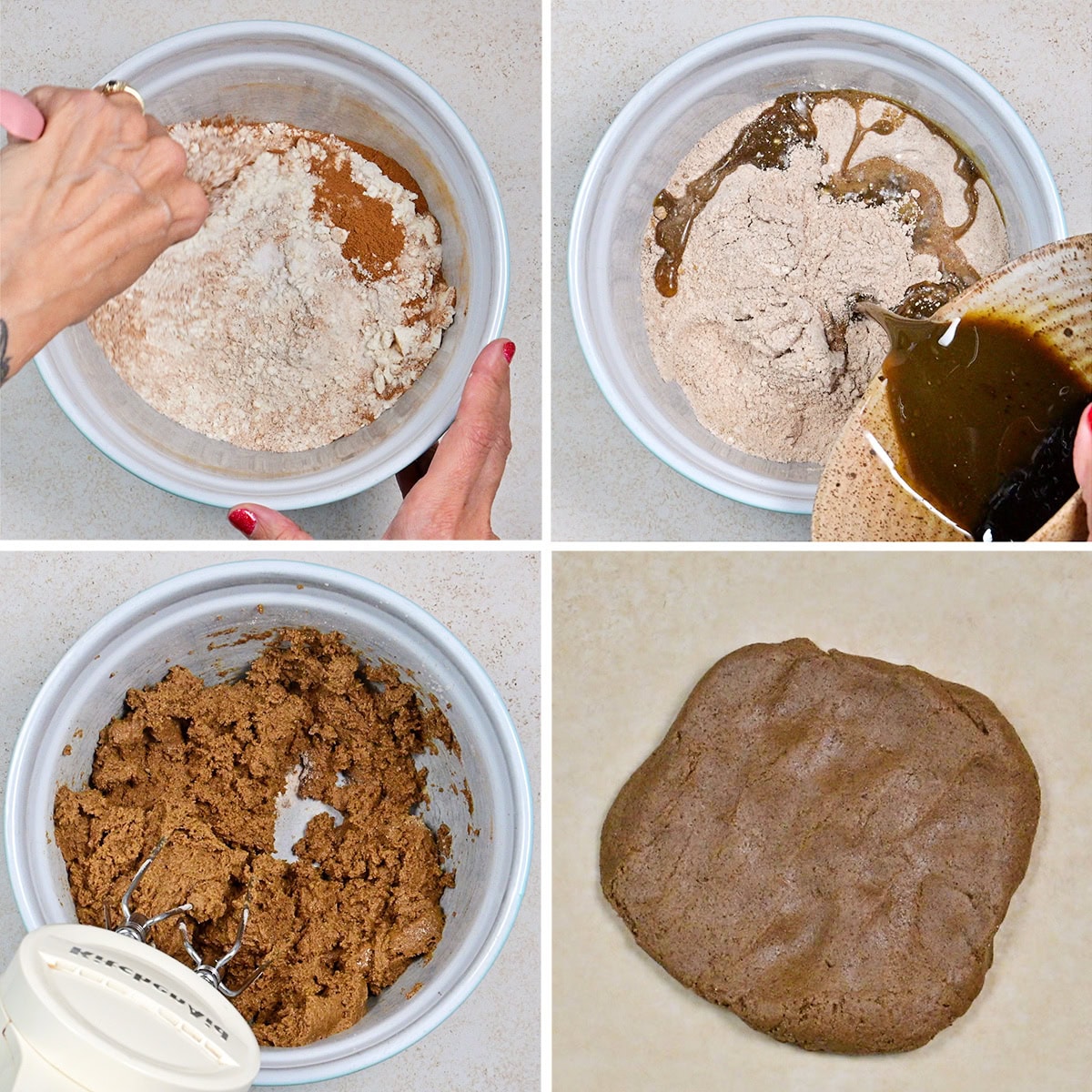 A four-panel image shows hands mixing flour and spices, adding molasses to dry ingredients, blending a thick gingerbread salt dough with a mixer, and a flattened disc of dough on a countertop.