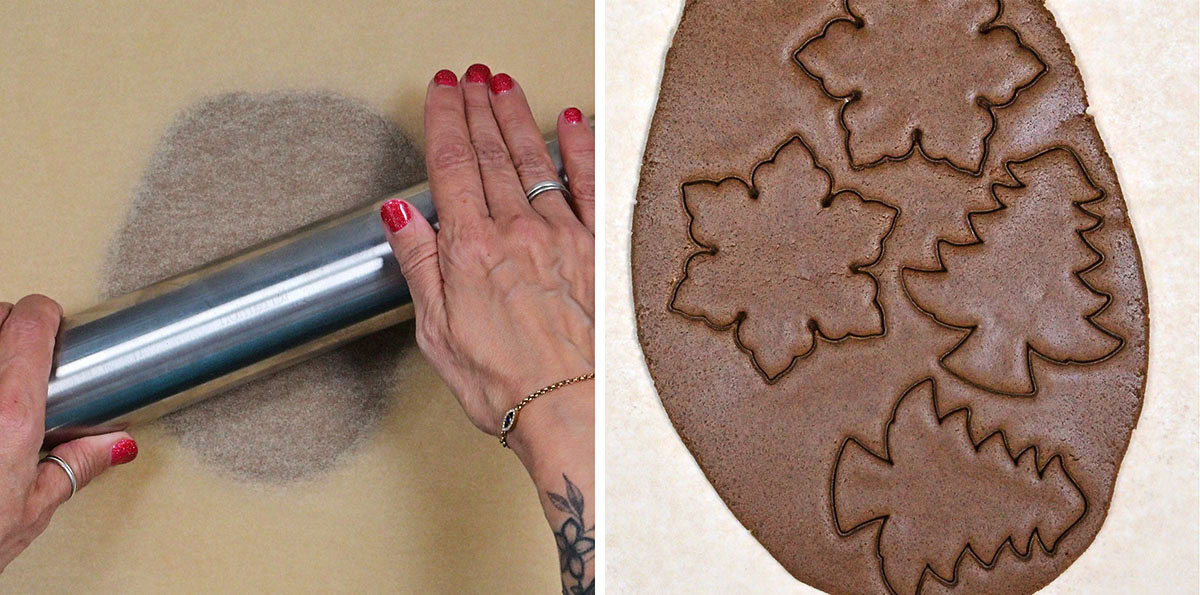 Split image: On the left, hands with red nail polish roll out salt dough with a metal rolling pin. On the right, rolled chocolate dough with snowflake and tree shapes cut out.