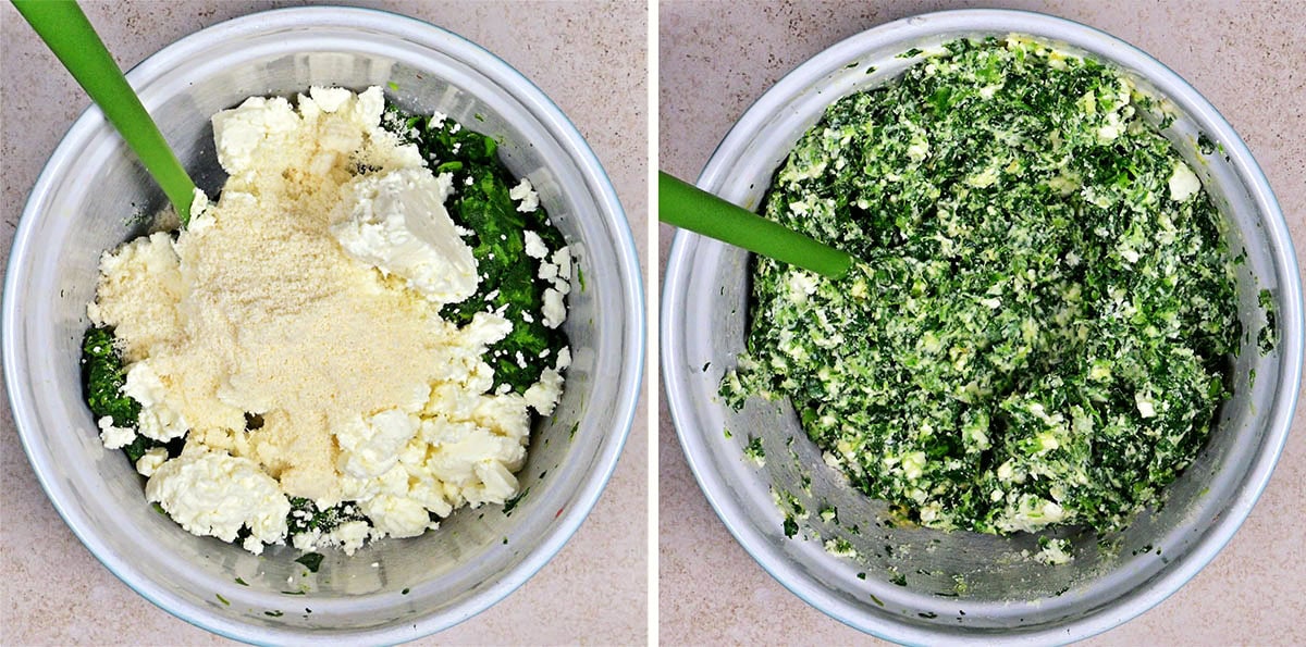 Two side-by-side bowls: left shows garlic and herb cream cheese, parmesan, and chopped spinach before mixing; right shows the creamy mixture—ideal for Spinach Feta Puff Pastry Rolls. Both bowls have green spatulas.
