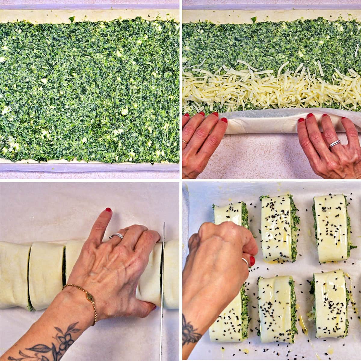 A four-panel image shows hands spreading spinach filling on dough, adding cheese, rolling it up, slicing it, and sprinkling seeds on top of the pieces before baking.