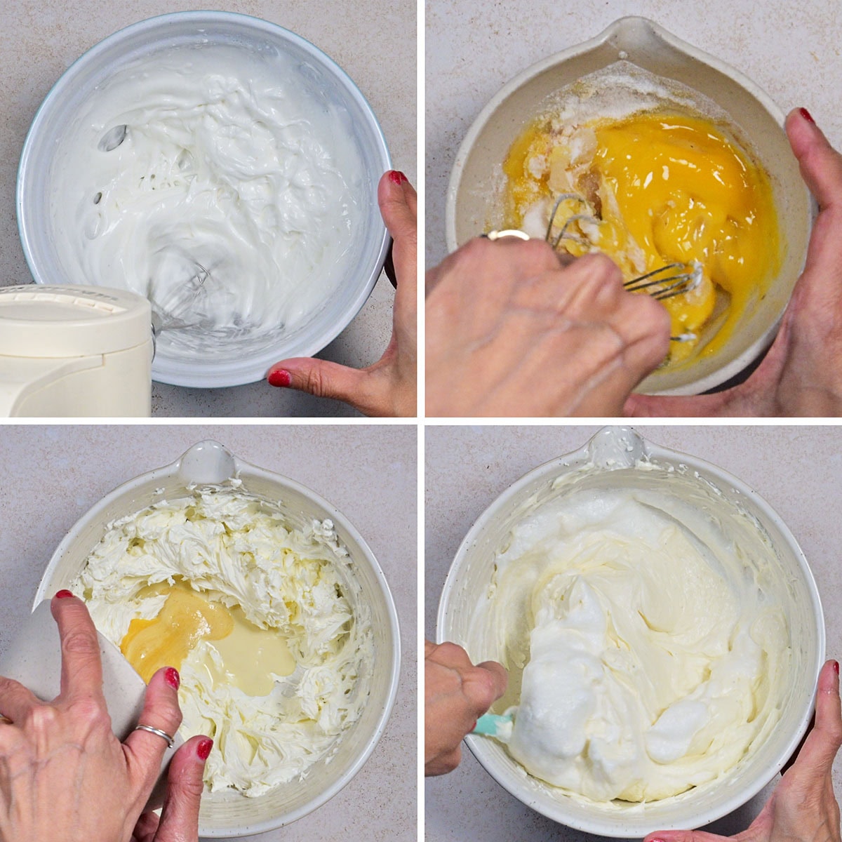 Four images show hands mixing ingredients in bowls: whisking egg whites to stiff peaks, beating egg yolks and sugar, adding yolk mixture to mascarpone, and folding whipped egg whites into the mascarpone mixture.