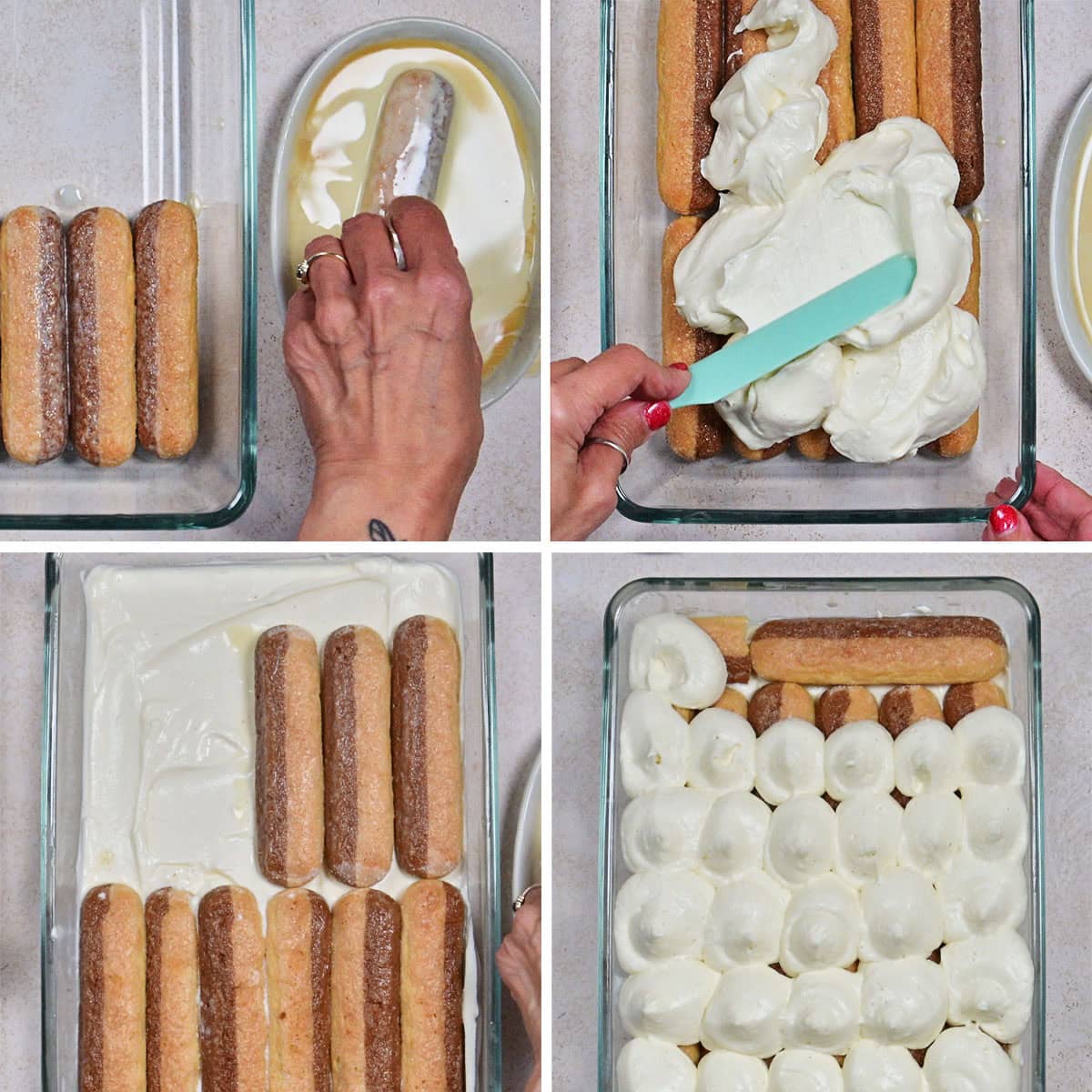 Four images show steps of making tiramisu: dipping ladyfingers in coffee, layering them in a dish, spreading creamy filling on top, and finishing with a top layer of cream and ladyfingers in a glass baking dish.