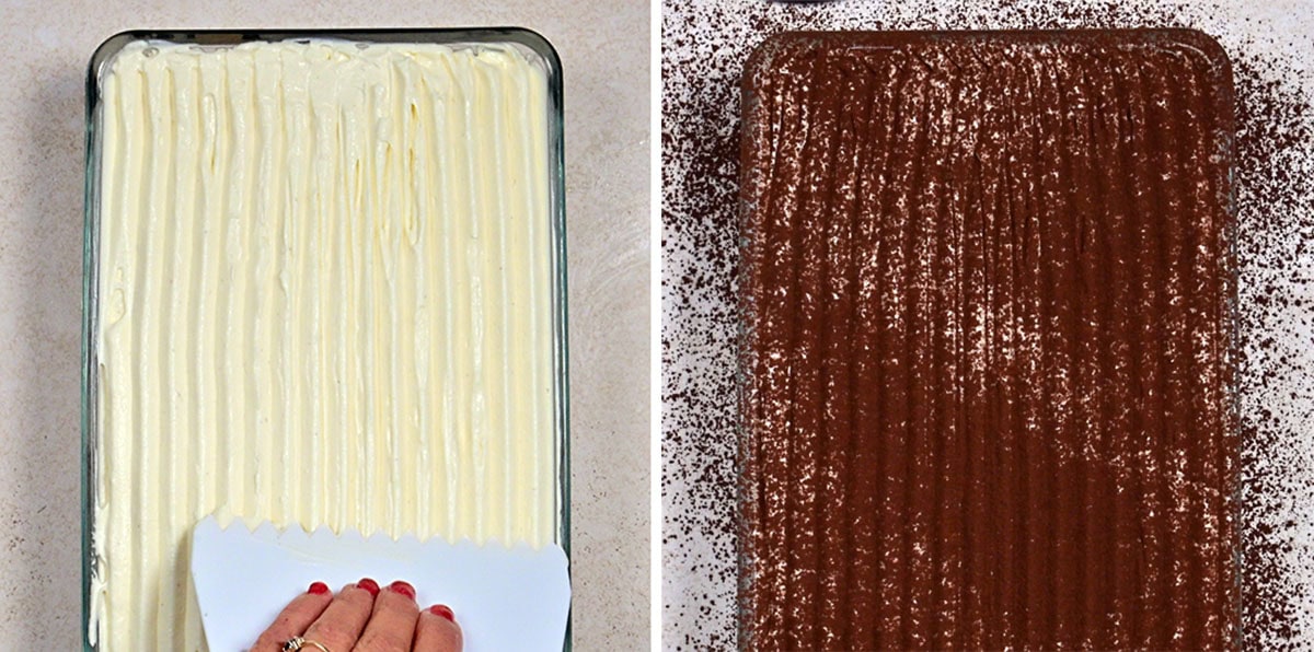 Side-by-side images: on the left, a hand smooths cream over a dessert in a glass dish; on the right, the same dish is topped with a layer of cocoa powder.