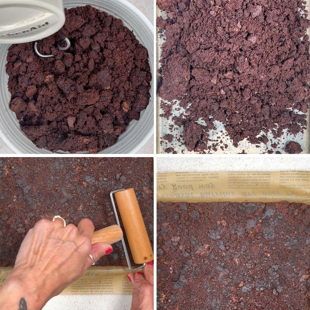 Four images show the process of crushing chocolate brownie for a brownie roll: crumbled brownie in a mixer bowl, crumbs spread out, then flattened with a rolling pin to form the perfect base for your dessert.
