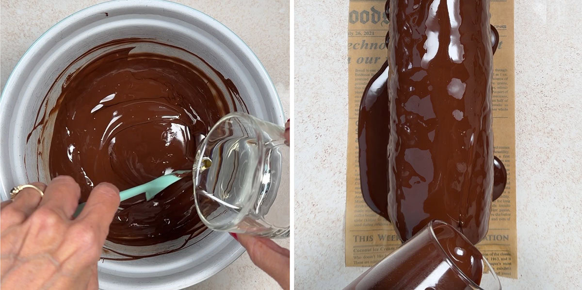 Left: A hand stirring melted chocolate in a bowl while pouring liquid from a glass. Right: Melted chocolate being poured over a log-shaped dessert placed on newspaper.