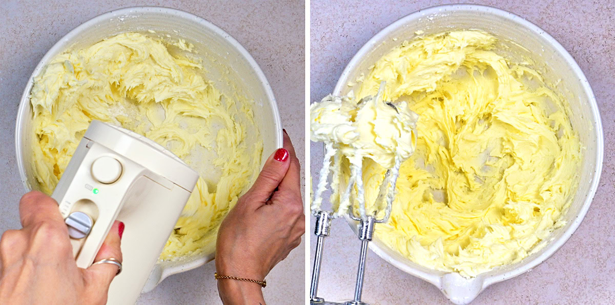 Side-by-side images show hands using an electric mixer to cream butter in a white mixing bowl; one image shows mixing in progress, the other shows fluffy creamed butter and beaters lifted from the bowl.