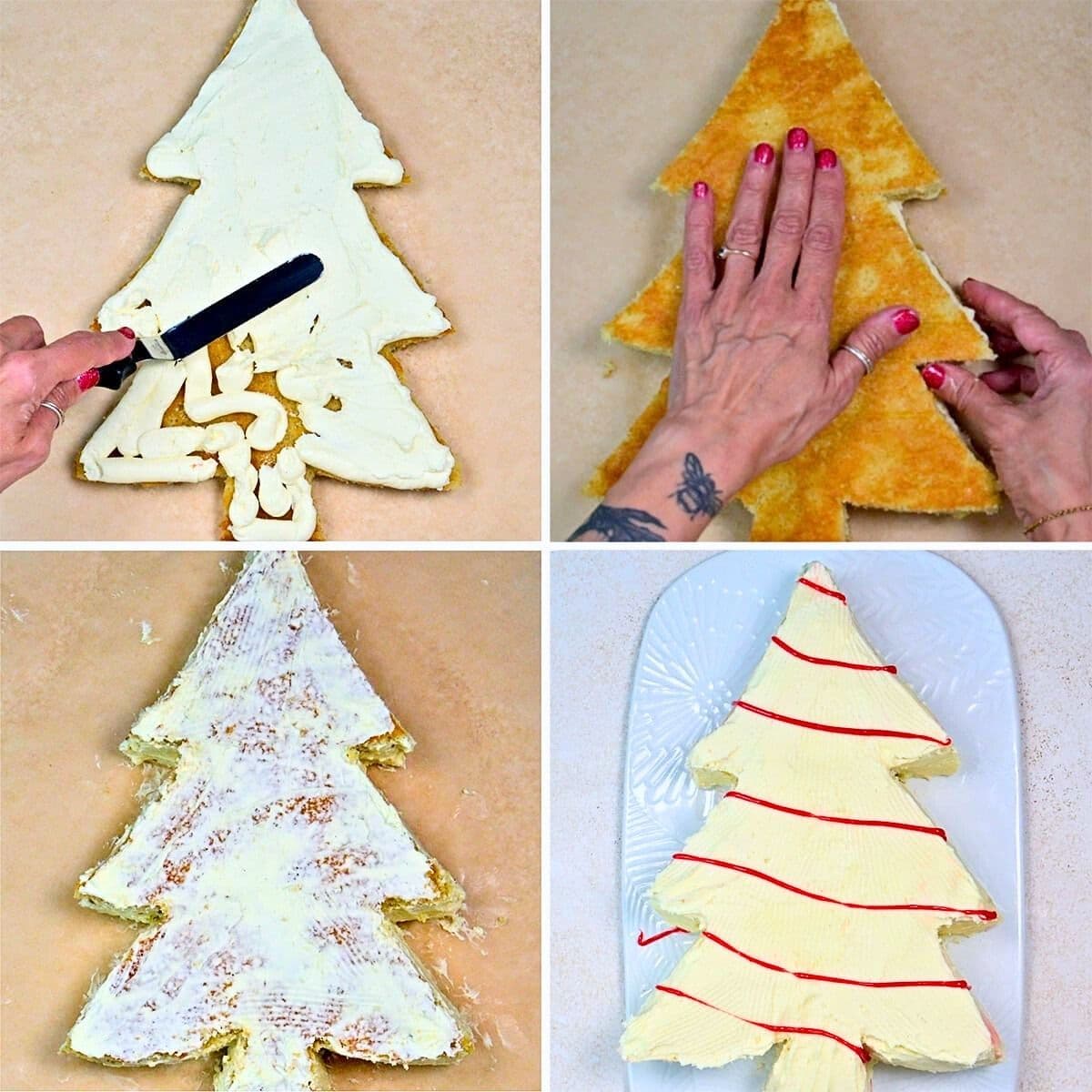 Four-step collage showing a Christmas tree-shaped cake being assembled: spreading frosting, layering cake, coating with more frosting, and finished cake decorated with red lines on a white platter.