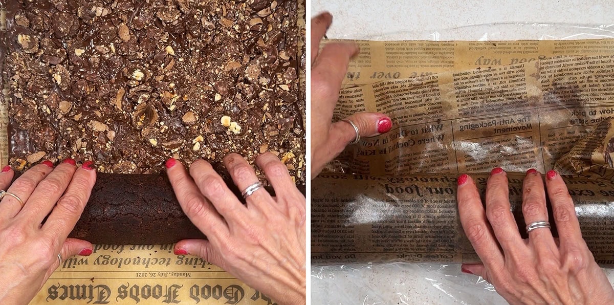 Two images side by side show hands with red nail polish rolling a brownie Yule log