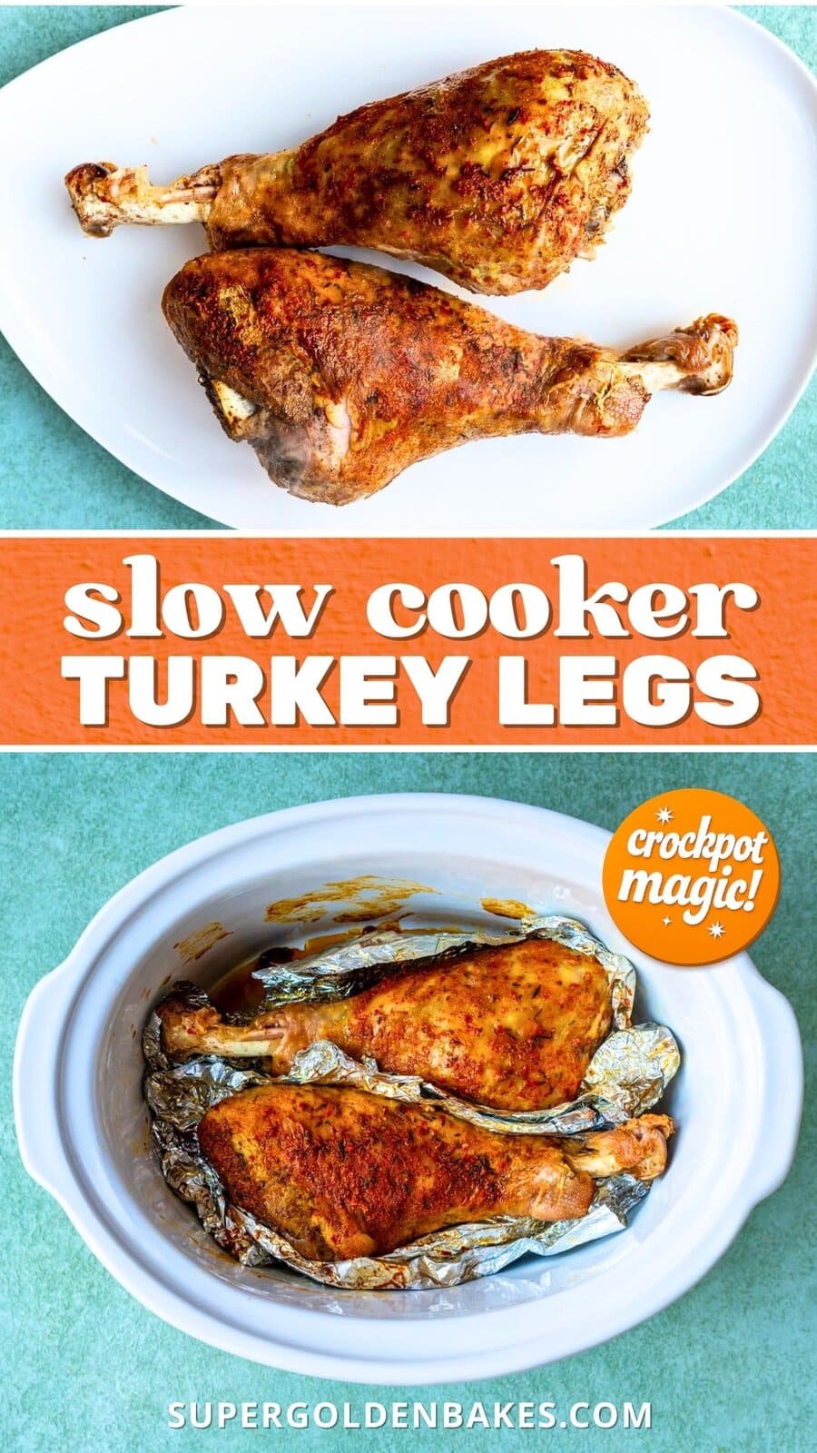 Overhead view of two seasoned, cooked turkey legs on a white plate (top) and two turkey legs in a slow cooker lined with foil (bottom), with text reading slow cooker turkey legs and crockpot magic!.