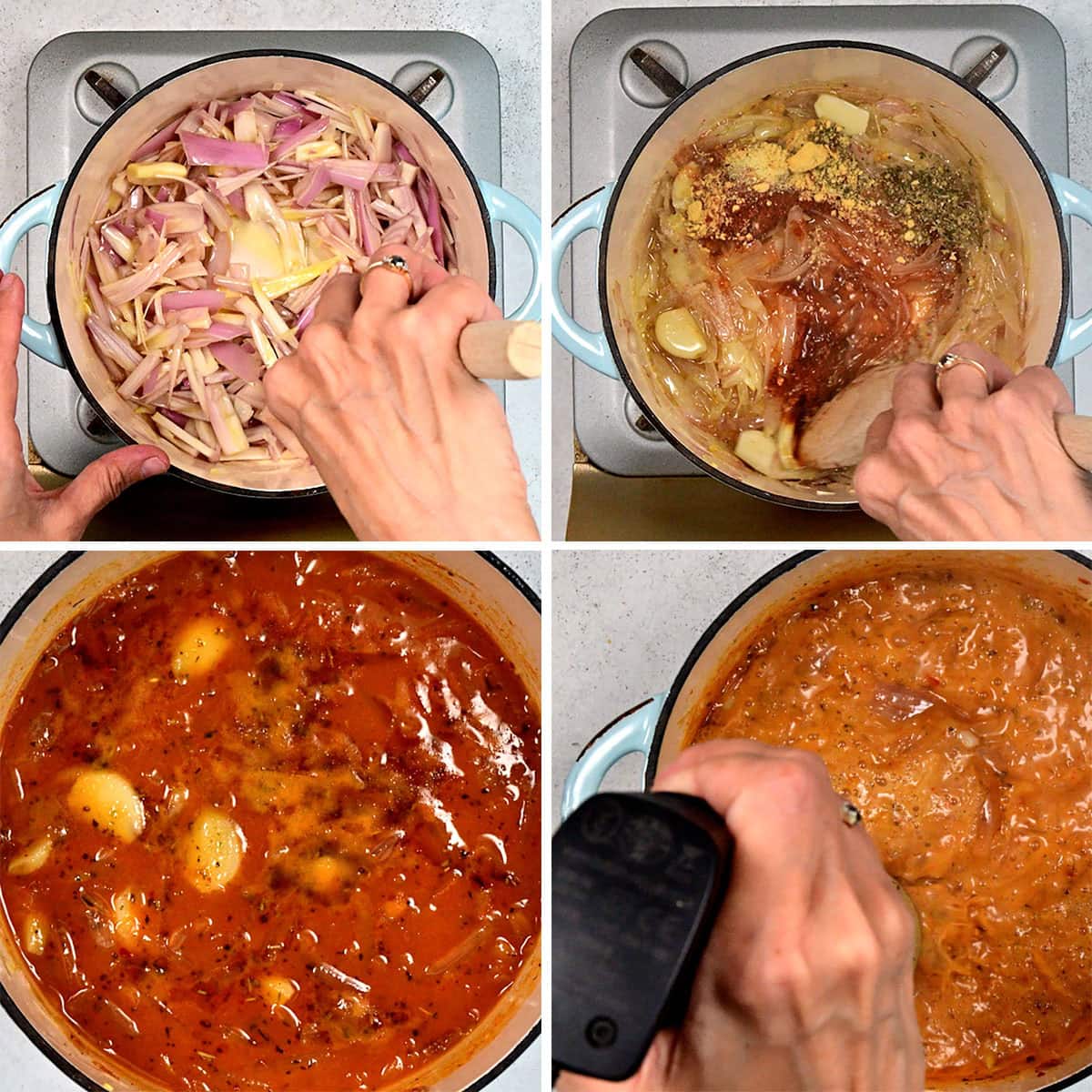 A four-panel collage shows hands cooking in a pot: first adding chopped shallots, then stirring spices, next simmering a tomato-based sauce with visible herbs and garlic, and finally blending the thickened sauce.