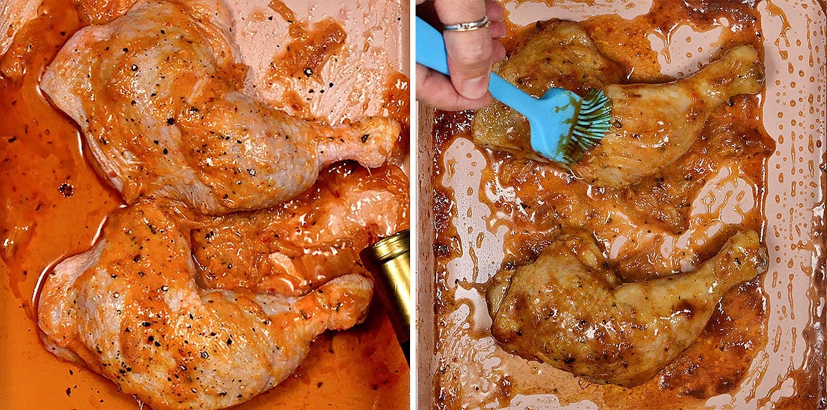 Two chicken marylands are coated in a red marinade; in the left image, they are being seasoned, and in the right image, a hand uses a brush to apply more marinade to the chicken legs in a baking dish.