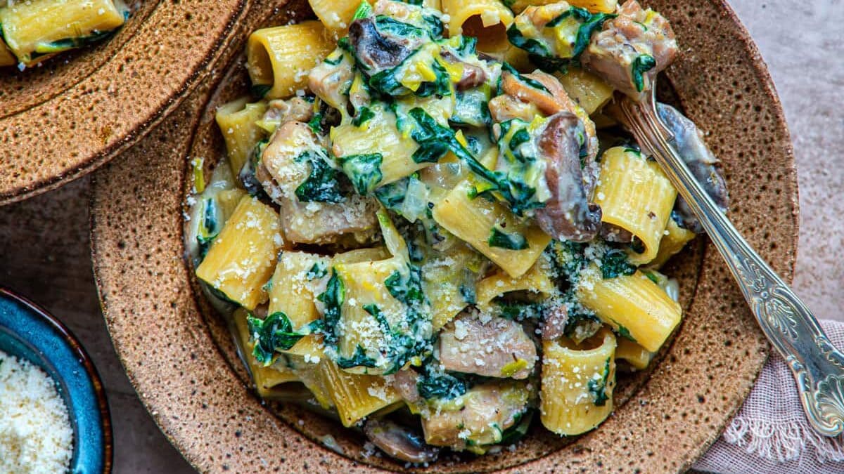 A bowl of rigatoni pasta mixed with mushrooms, spinach, and a creamy sauce, topped with grated cheese. Another bowl of pasta and a small dish of cheese are nearby on a textured surface with a cloth napkin.