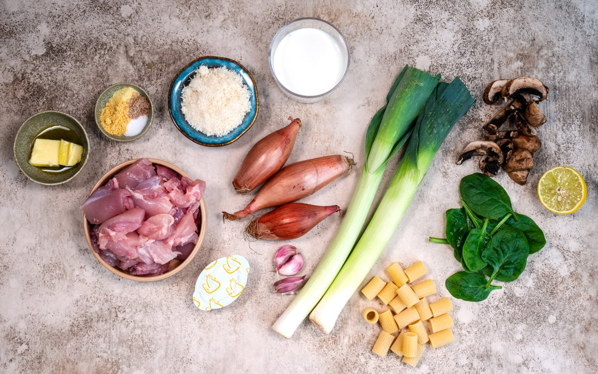 Top-down view of various fresh ingredients on a textured surface, including raw chicken, leeks, mushrooms, spinach, shallots, garlic, butter, pasta, grated cheese, milk, lemon, and seasonings.