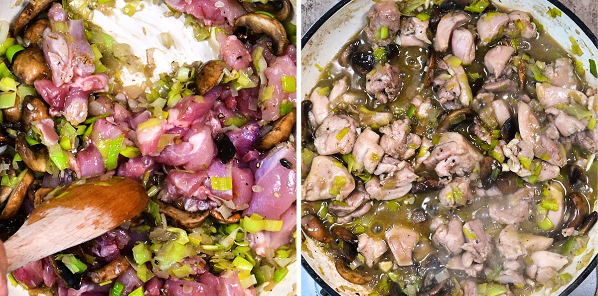 Side-by-side images show a pan with raw diced chicken, leeks, mushrooms, and onions being stirred, and the same mixture cooked, with the chicken browned and vegetables softened.