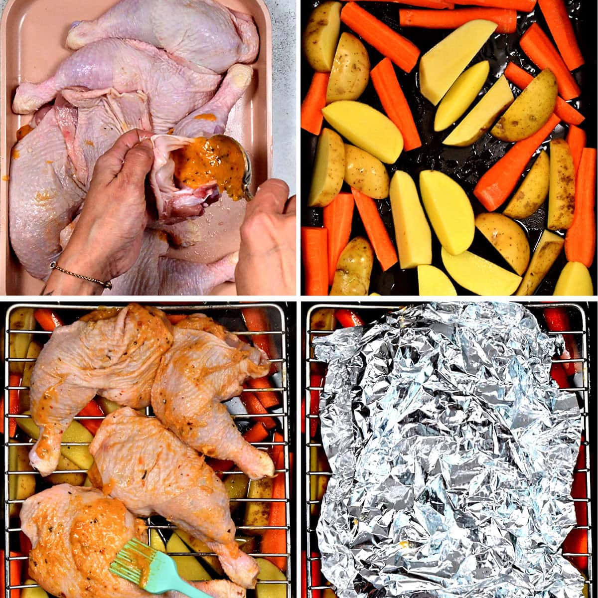 Four images show steps of preparing a meal: seasoning chicken, arranging potato and carrot pieces in a baking tray, placing seasoned chicken on top, and covering the tray with foil before cooking.