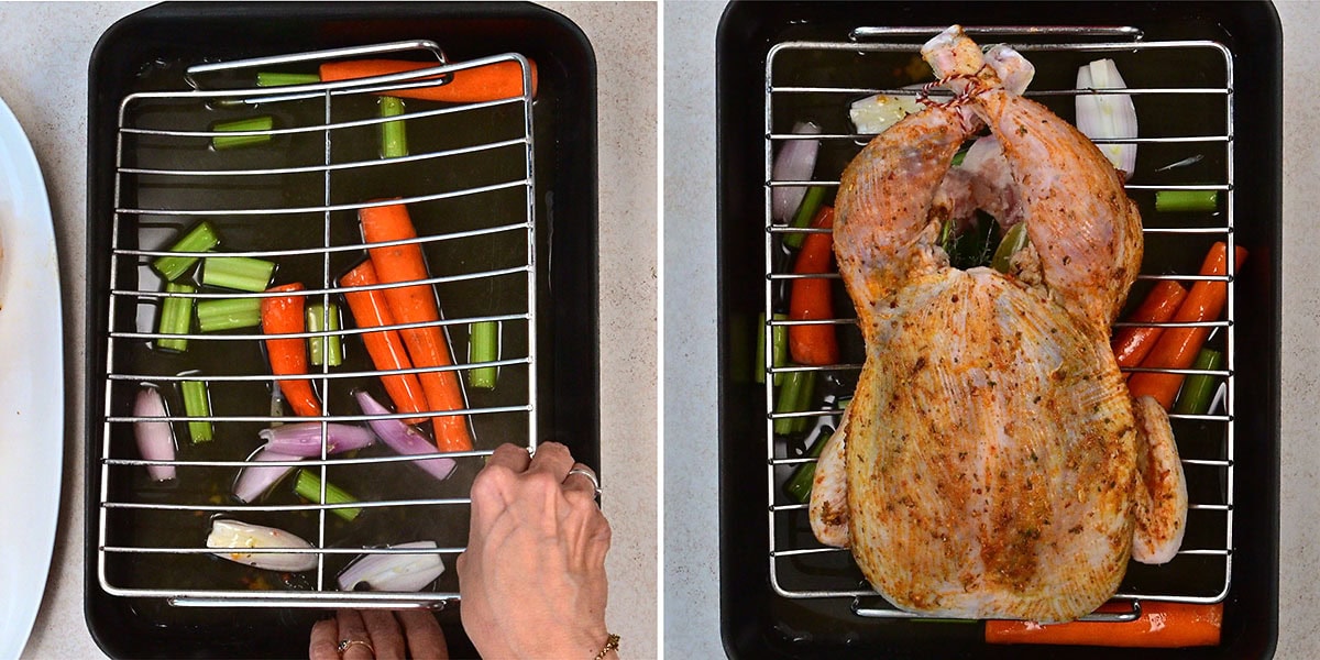 Two images: Left, a hand arranges a metal rack over a baking tray filled with chopped carrots, celery, onions, and water. Right, a whole seasoned raw chicken is placed on the rack above the vegetables.