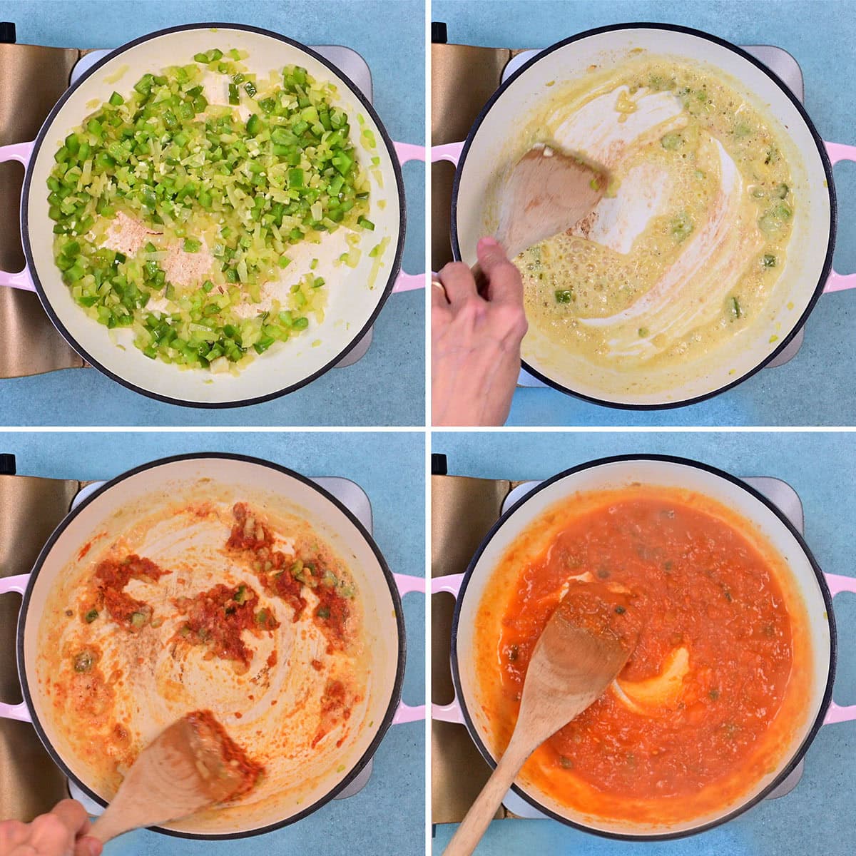 Four images show stages of cooking seafood stew in a pot: sautéing chopped green peppers and onions, adding flour, mixing in tomato paste, and stirring a tomato sauce with a wooden spoon.