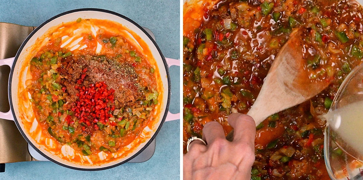 A collage of two images: on the left, a pot with a roux based gravy, spices, and chopped green and red peppers; on the right, a hand stirs the colorful mixture in the pot with a wooden spoon.