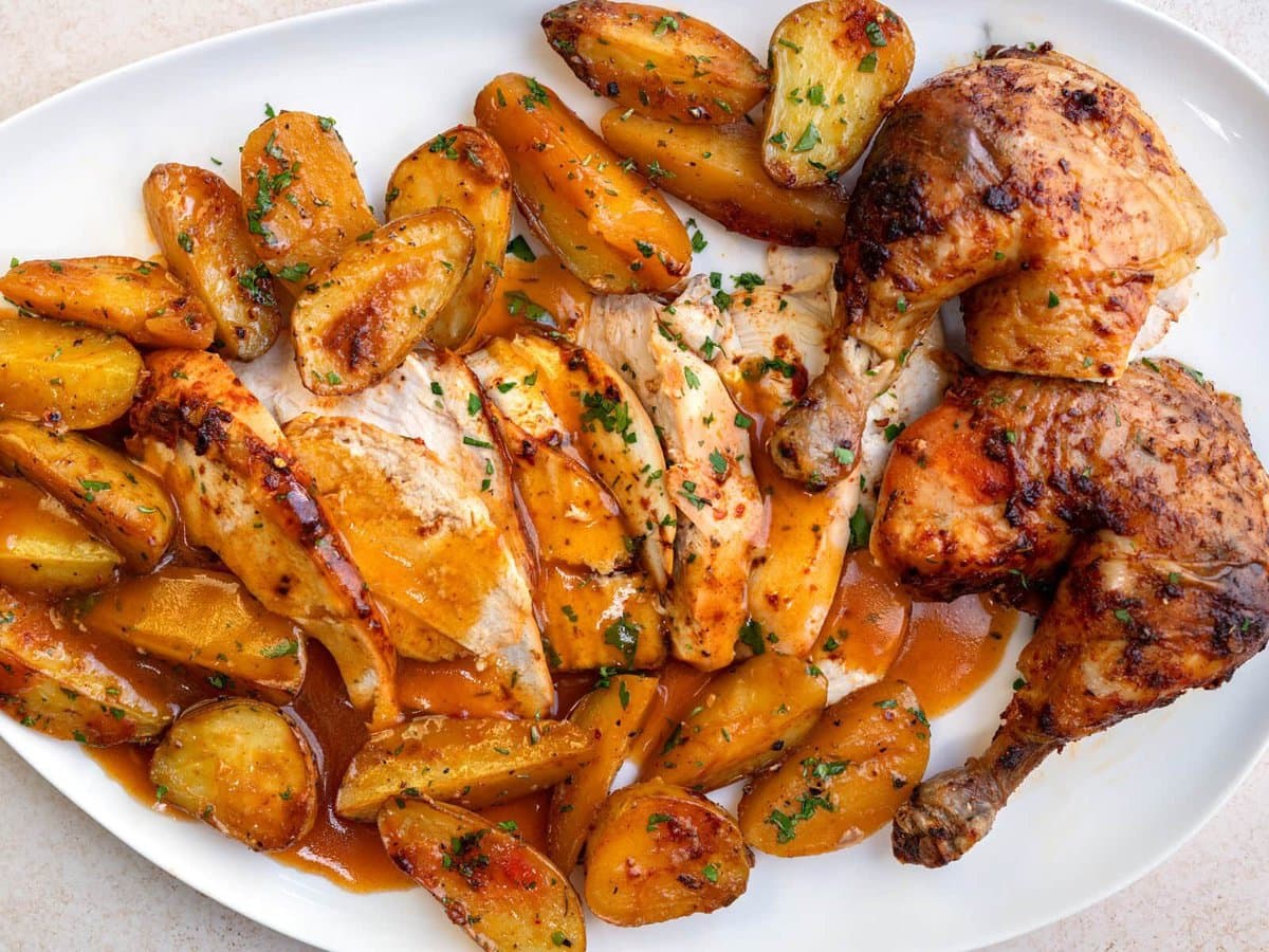 Roast chicken with crispy skin, sliced breast meat, and golden roasted potatoes garnished with herbs, all served on a white oval platter with brown gravy.