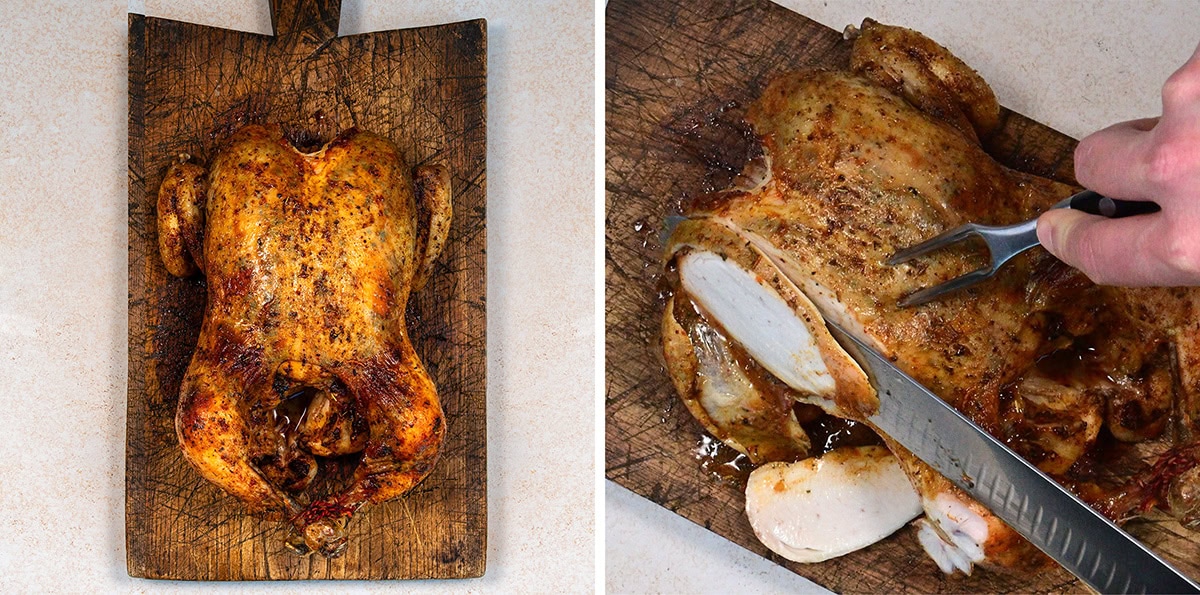 Left: A whole roasted chicken on a wooden cutting board. Right: A hand uses a fork and knife to carve slices from the roasted chicken on the same wooden board.