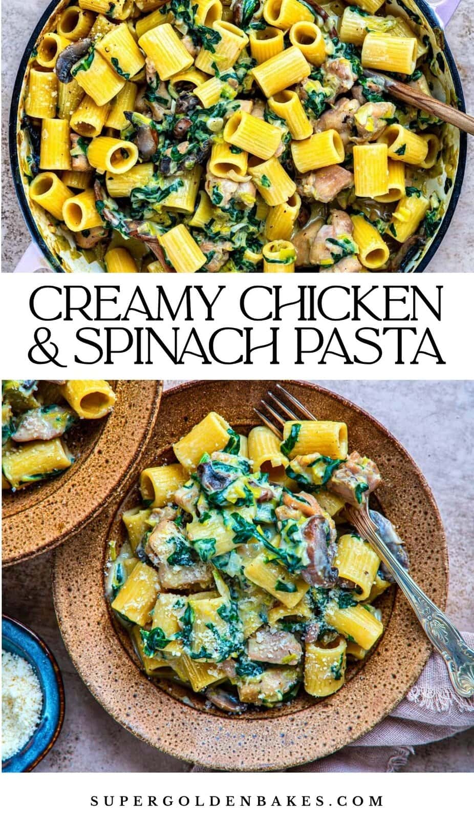 A pan and two bowls filled with creamy Chicken Spinach Pasta, mixed with mushrooms and garnished with herbs. Forks rest in the bowls, and a side dish of grated cheese is nearby.