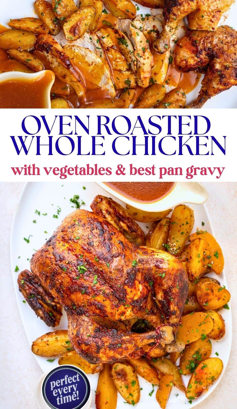 Oven roasted whole chicken with crispy golden skin, served alongside roasted potatoes and carrots, garnished with fresh herbs and finished with rich brown pan gravy on a white plate. Text overlay describes the dish.
