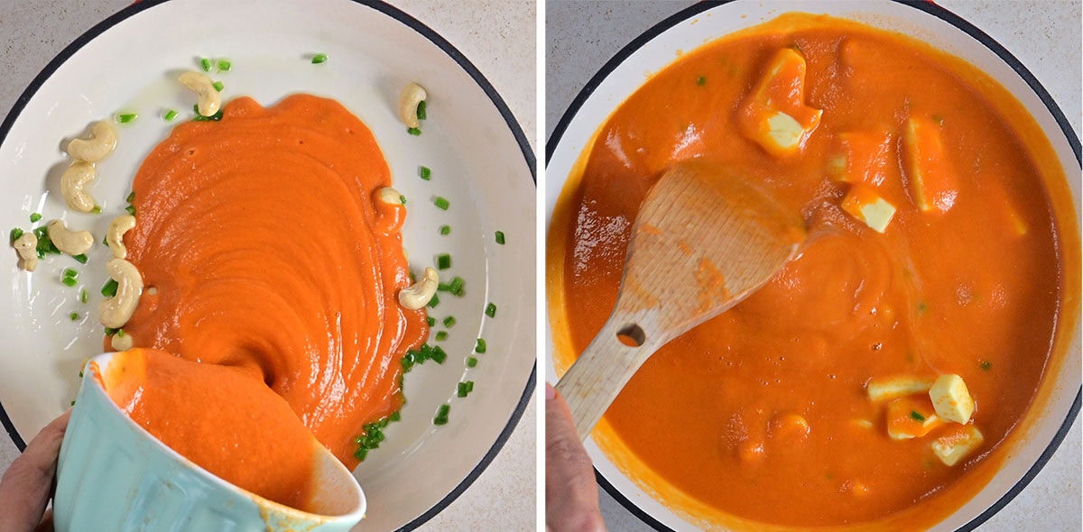 Four-panel image showing the steps of making a creamy curry. First, sauce and cashew nuts are added to a pan. Second, sauce is stirred with a wooden spoon. Third, milk is whisked in. Fourth, browned paneer cubes are added.
