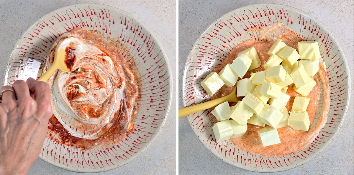 Split image: Left side shows a hand stirring a mixture in a patterned bowl; right side shows the same bowl with many cubes of paneer on top of the mixture, ready to be combined.