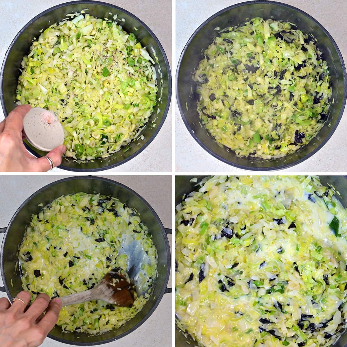 Four-panel image showing a pot of chopped vegetables being seasoned, mixed, and cooked. A hand sprinkles seasoning, then stirs the ingredients, transforming them into a creamy, cooked vegetable mixture.