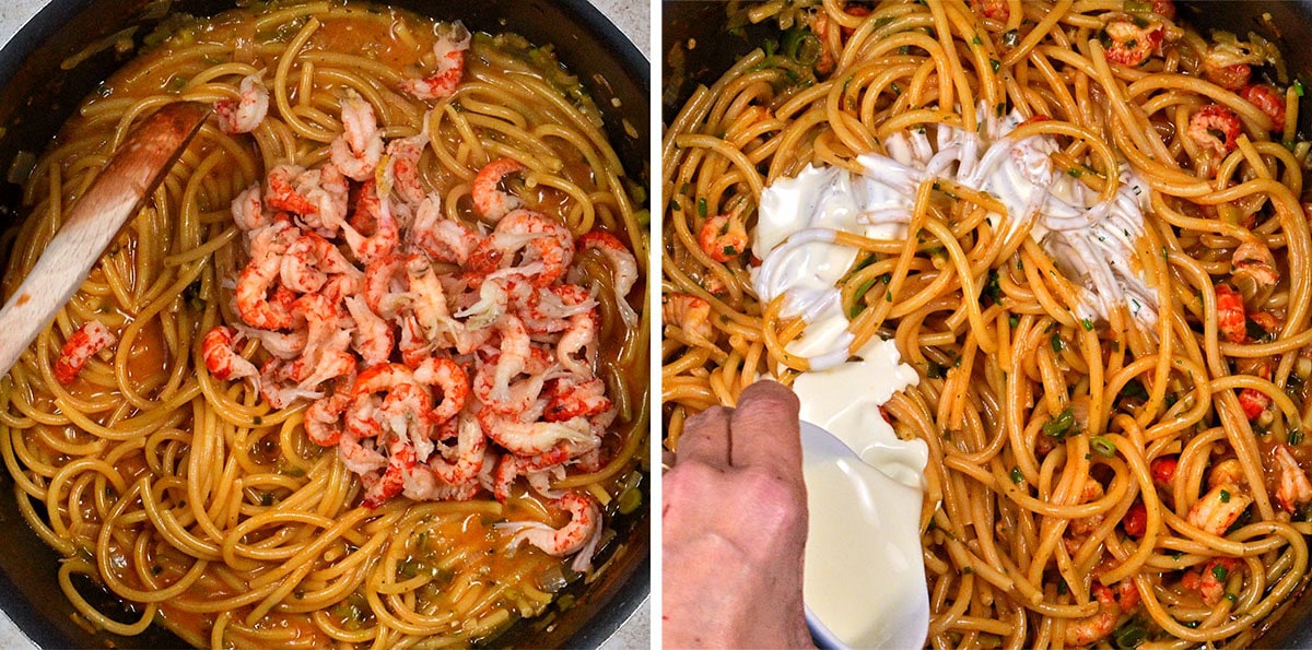 Two images side by side: left shows a pan of spaghetti with crayfish and sauce being stirred, right shows a hand adding cream to the same spaghetti and crayfish mixture.