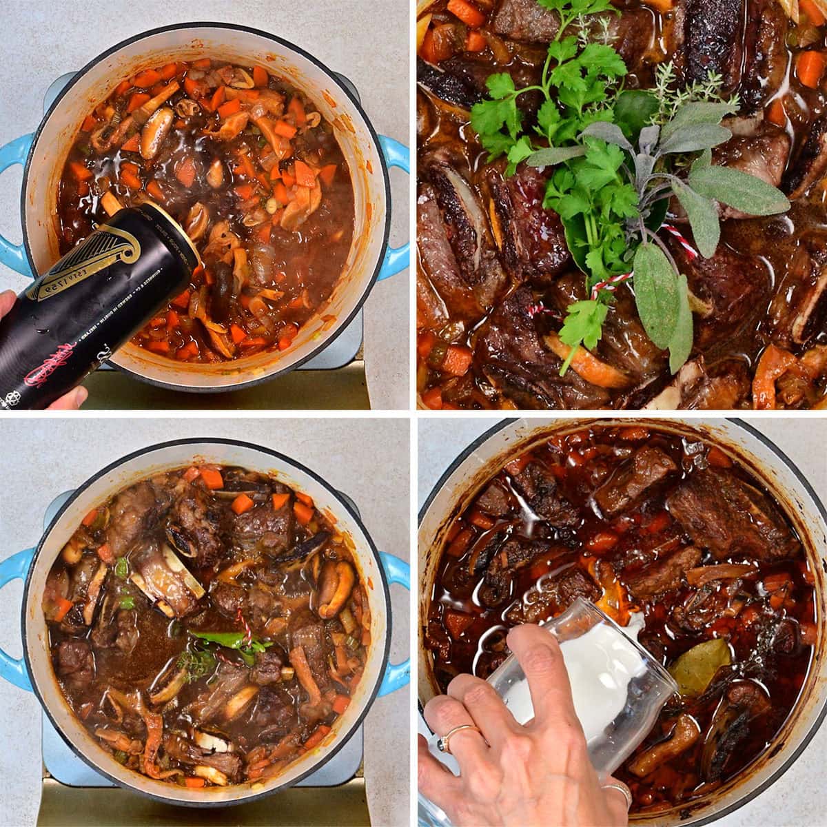 Four-panel image showing the process of cooking beef stew: adding dark beer, fresh herbs, and then cream to a pot filled with beef, carrots, mushrooms, and a rich sauce.