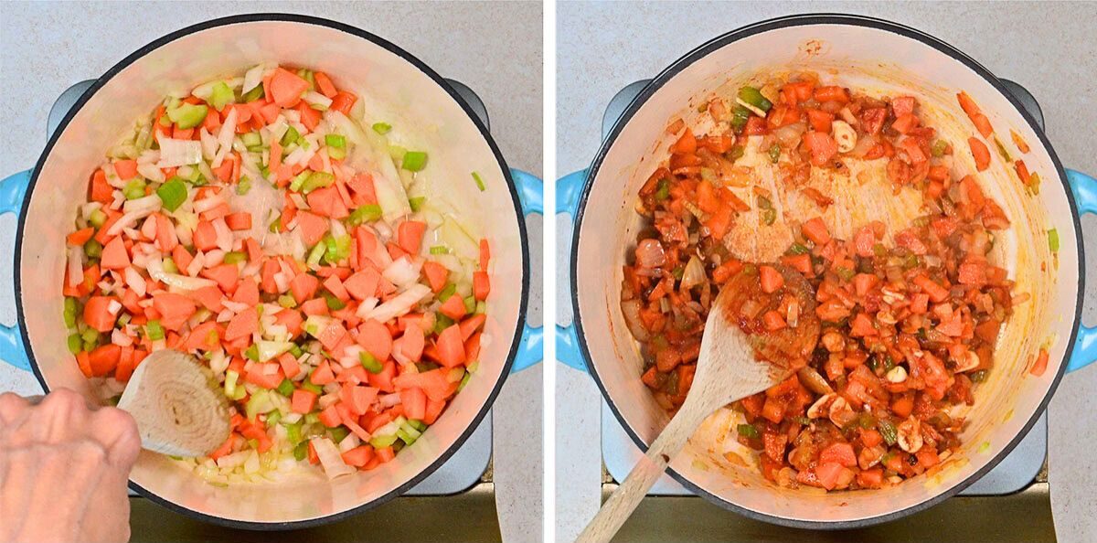 Side-by-side images of a blue pot: on the left, chopped onions, celery, and tomatoes for Guinness Braised Short Ribs are being stirred; on the right, the mixture appears softer and richer in color. A wooden spoon is visible in both images.