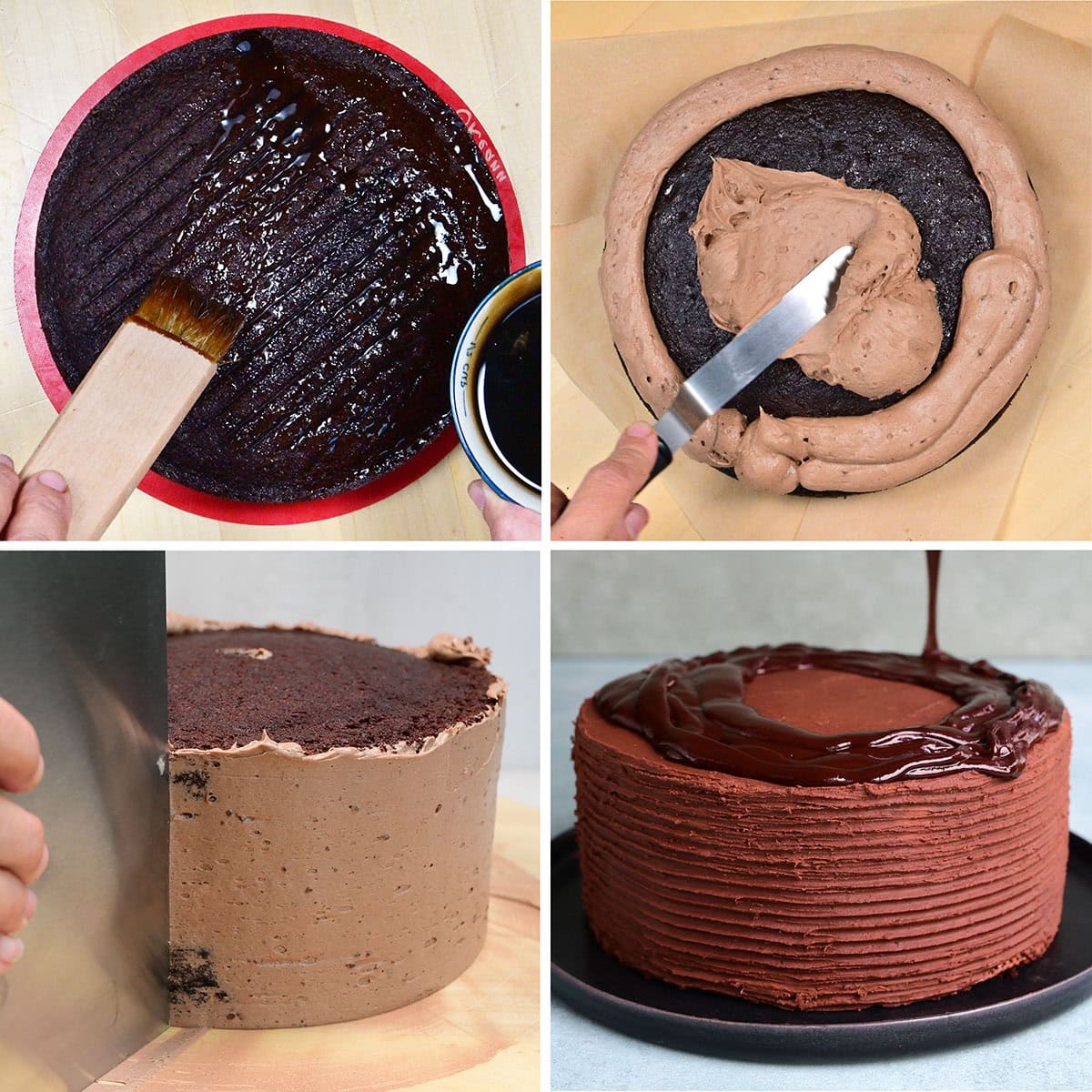 A four-step collage shows: brushing syrup on a chocolate Guinness cake, spreading chocolate frosting, smoothing frosting on the cake’s sides, and pouring chocolate ganache on a finished frosted cake.