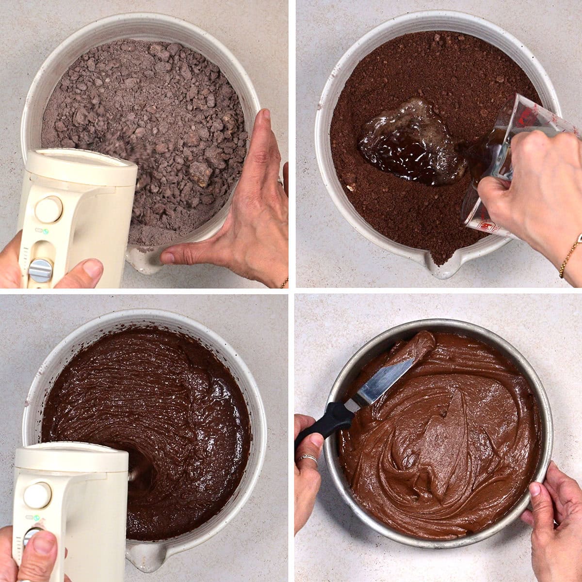 A collage of four images shows hands mixing chocolate cake batter: adding cake mix to a bowl, pouring water into the mix, blending with a hand mixer, and smoothing the finished batter with a spatula.