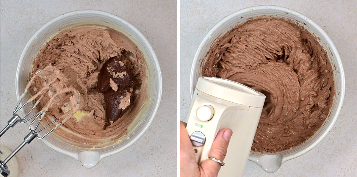 Two photos side by side show a mixing bowl with chocolate batter. On the left, an electric mixer is blending partially mixed batter. On the right, the batter is smoother as the hand mixer continues blending.
