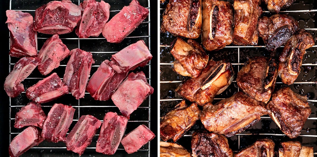 Split image: On the left, raw beef short ribs arranged on a metal rack; on the right, the same ribs are cooked, browned, and charred in the same arrangement on the rack.