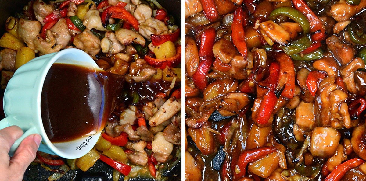 A hand pours dark sauce into a skillet with cooked chicken, red and green bell peppers, and pineapple on the left; on the right, the ingredients are mixed and coated in the glossy sauce.