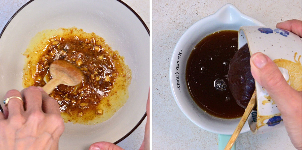 Left: A hand stirs a brown mixture with garlic in a white bowl using a wooden spoon. Right: A hand pours a dark liquid from a patterned bowl into a measuring jug on a light surface.