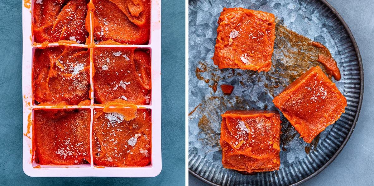 Two-panel image: left shows an ice cube tray filled with red-orange frozen cubes sprinkled with salt; right shows three thawed cubes on a dark plate with visible salt on top and a bit of melted residue.