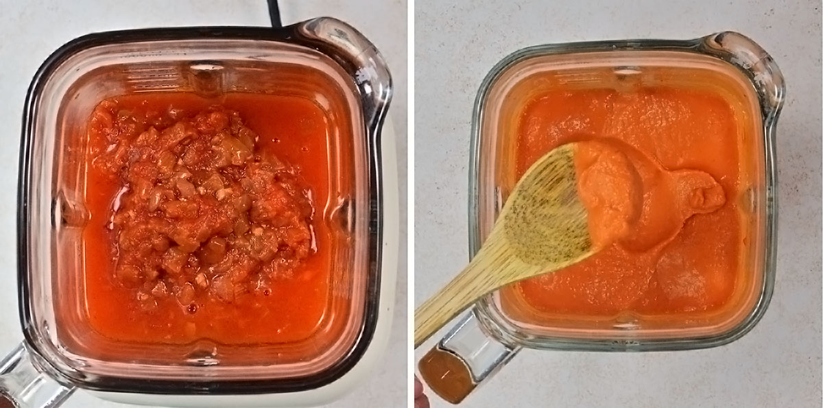 Side-by-side images of a blender: left shows chunky tomato mixture, right shows the mixture smoothly blended, with a wooden spoon lifting some of the thick, orange-red purée.