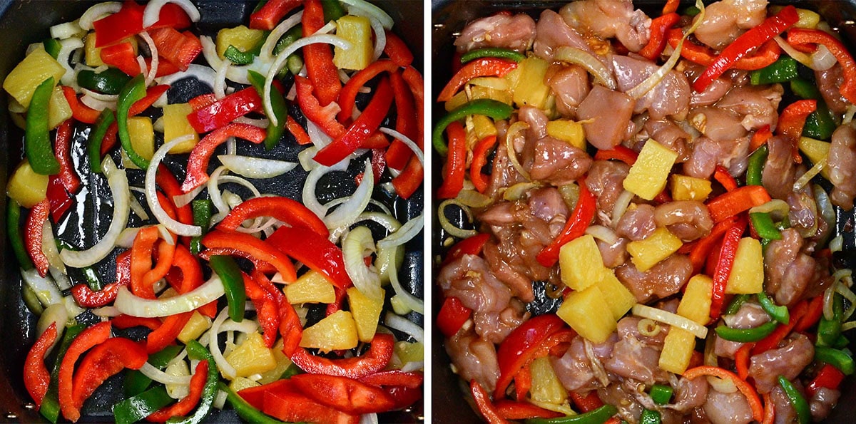 Side-by-side images: The left shows sliced red and green bell peppers, onions, and pineapple chunks in the basket of an air fryr. The right shows the same ingredients mixed with raw, cubed chicken.
