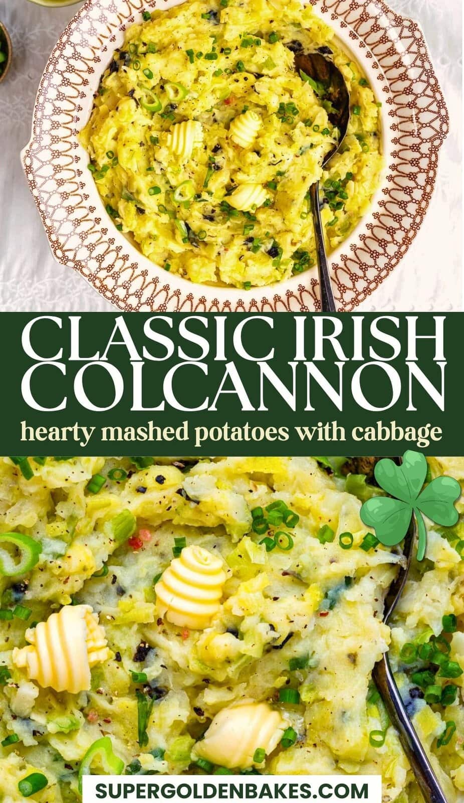 A bowl of classic Colcannon—mashed potatoes with cabbage and herbs—garnished with pats of butter and chives. Text reads: Classic Colcannon recipe—hearty Irish mashed potatoes with cabbage.